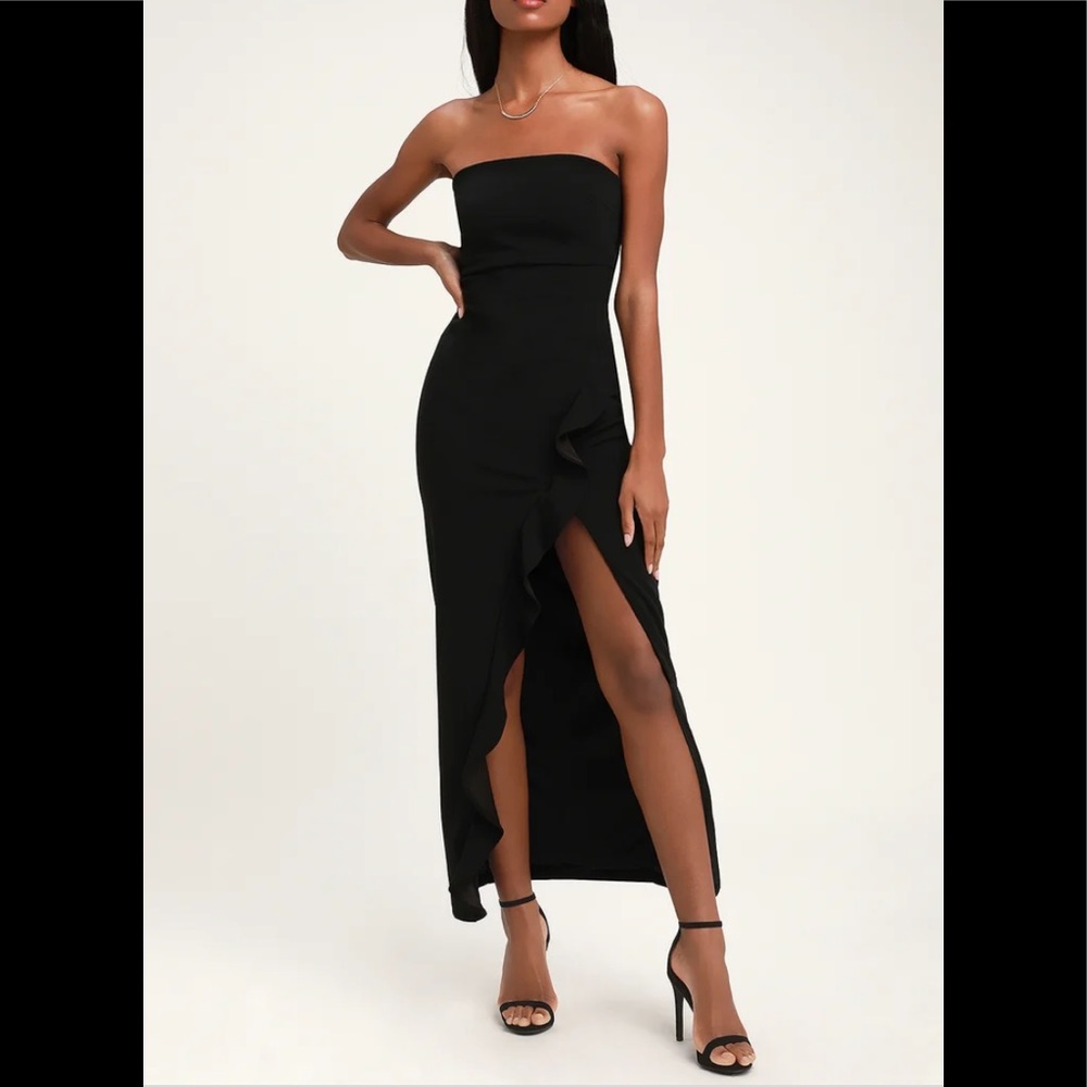 Lulus strapless ruffled slit dress black dress!
